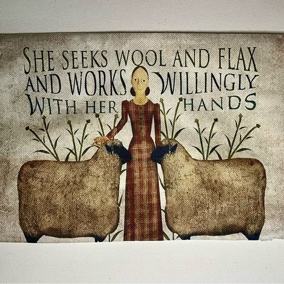 Primitive Folk Art Woman with Sheep "She Seeks Wool & Flax" Pillow Case 20x12 - Picture 7 of 8